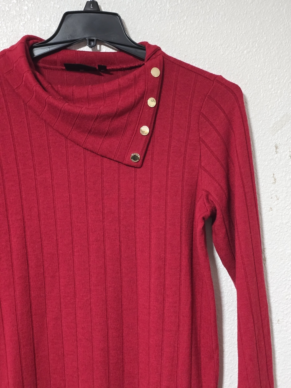 Rafaella Deep Red Ribbed Knit Top with Snap-Neck Detail - Picture 2 of 10
